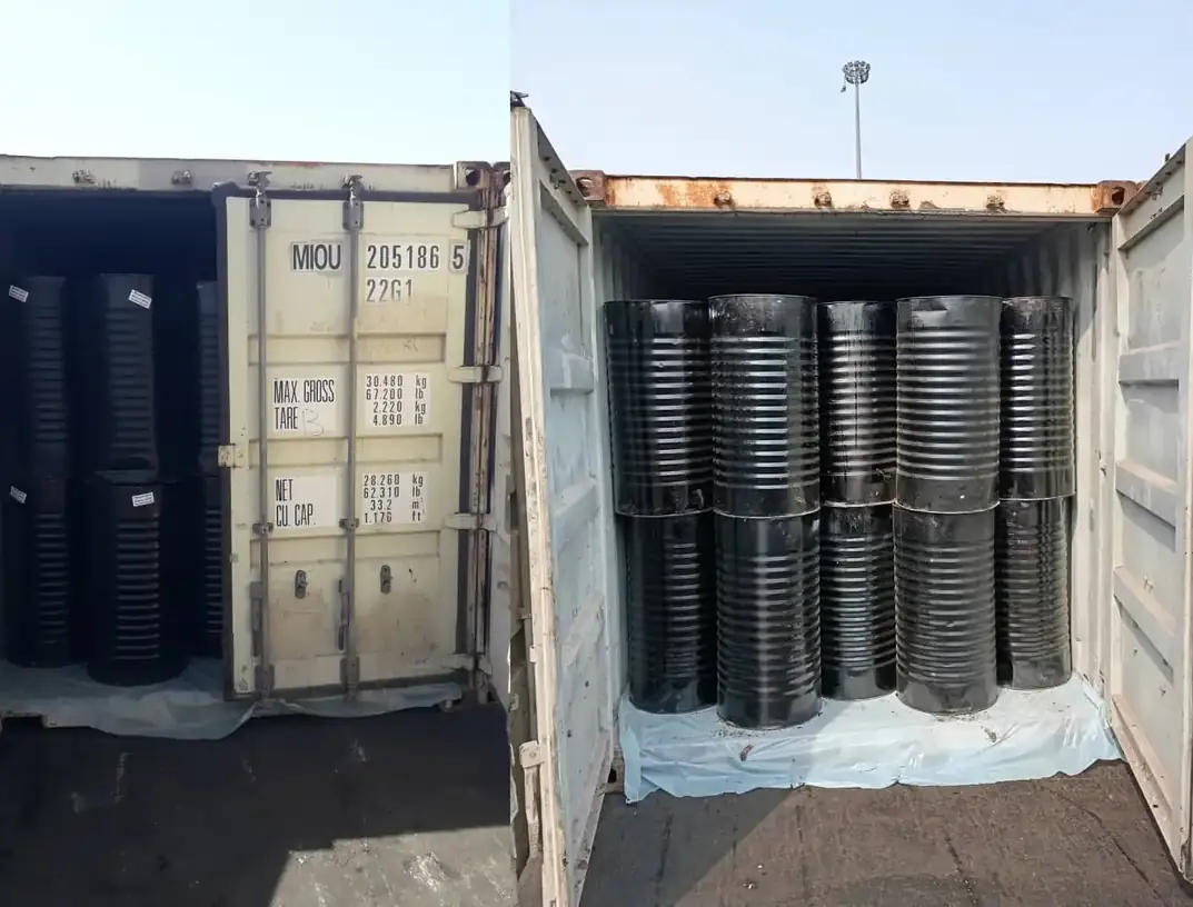 Bitumen 85/100 packed in new steel drums and loaded into export containers by ATDM.